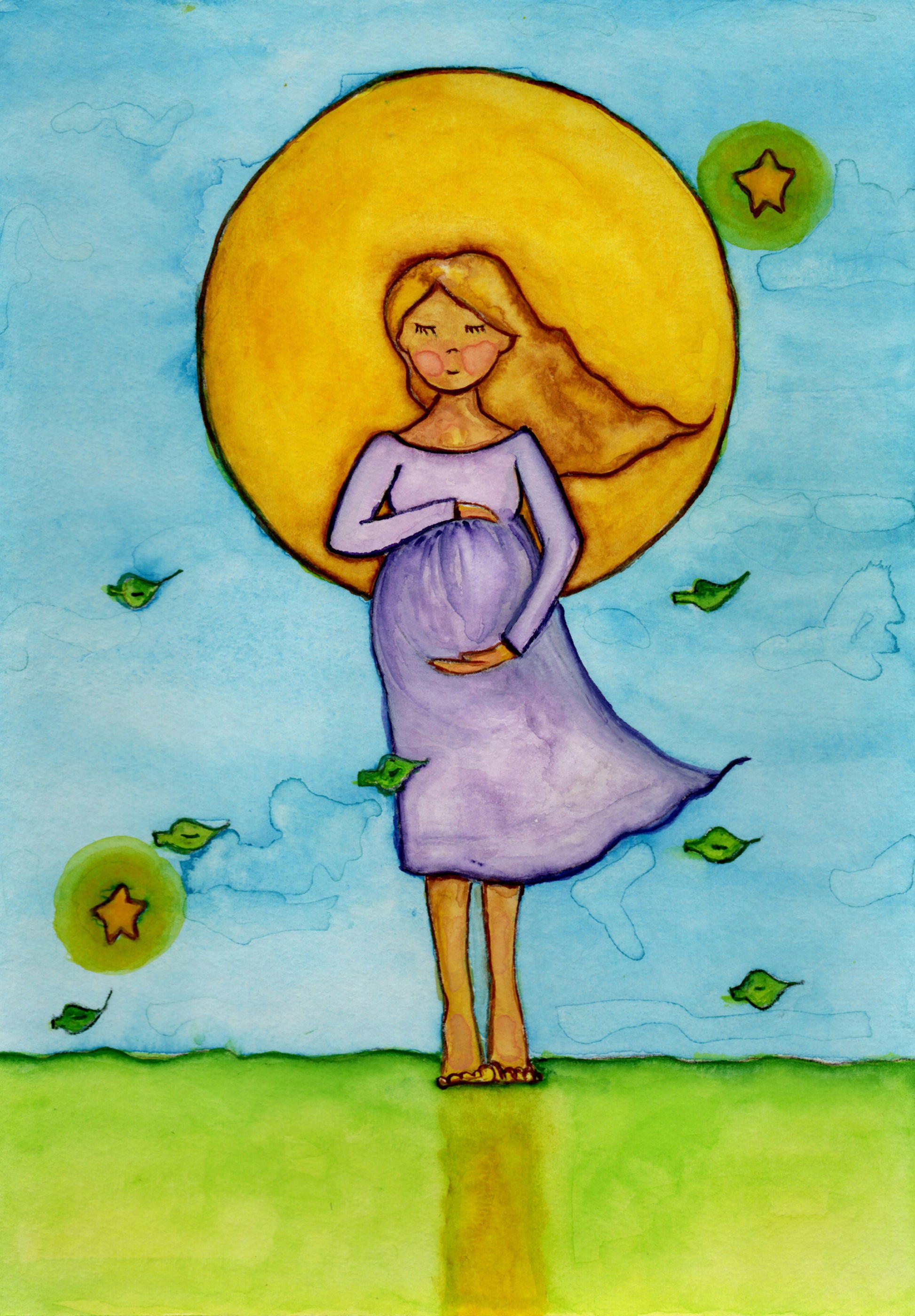 Woman standing in meditation under a bright sun with soft blue sky background, framed watercolor print.  This is a print of the original hand-painted watercolor by Brazilian artist Thaís Suizo for the LET'S MEDITATE SERIES of mediation guides. 