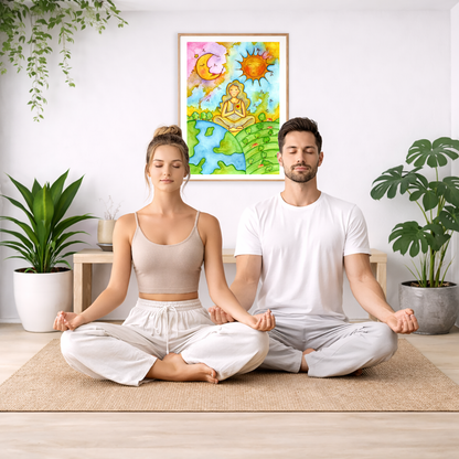 Poster of a woman meditating beneath the sun and moon cosmic design.  The poster is framed and is in the center of the living room wall. A couple are sitting on the living room carpet meditating. To the left is a green floor plant and a hanging green plant. To the right of them is a green floor plant.

