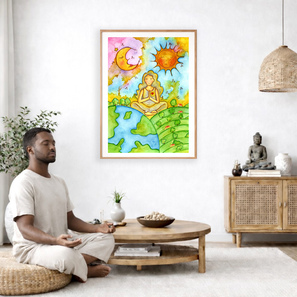 Poster of a woman meditating beneath the sun and moon cosmic design.  The poster is framed and is in the center of the living room wall. A man is on a chair on the left side of his living room meditating. On the right side is a cabinet with a Buddha statue on it.
