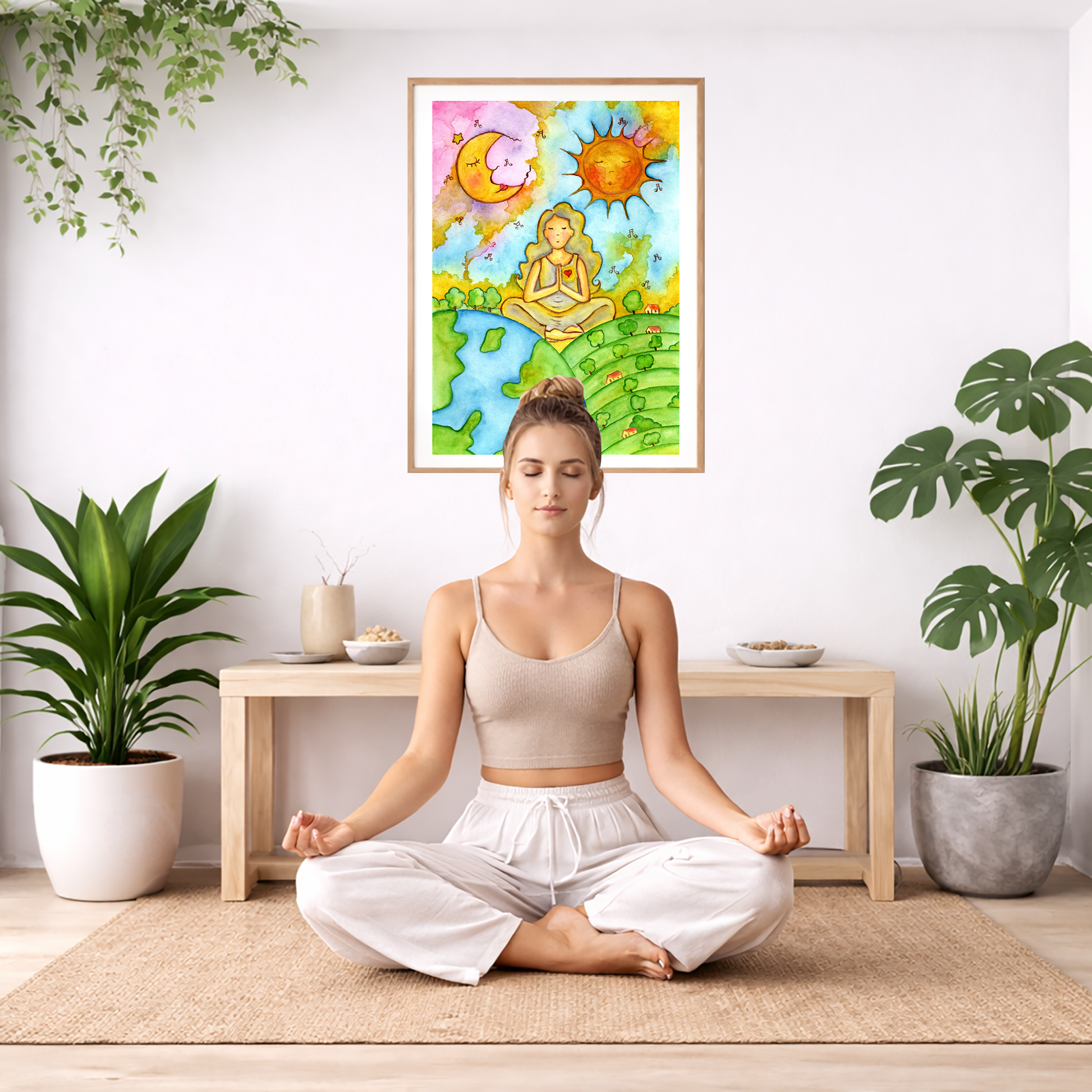 Poster of a woman meditating beneath the sun and moon cosmic design.  The poster is framed and is in the center of the living room wall. There is a woman meditating facing away from the wall. Behind her is a coffee table with incense and a Buddha statue. There are potted plants on the right and left side of the background.
