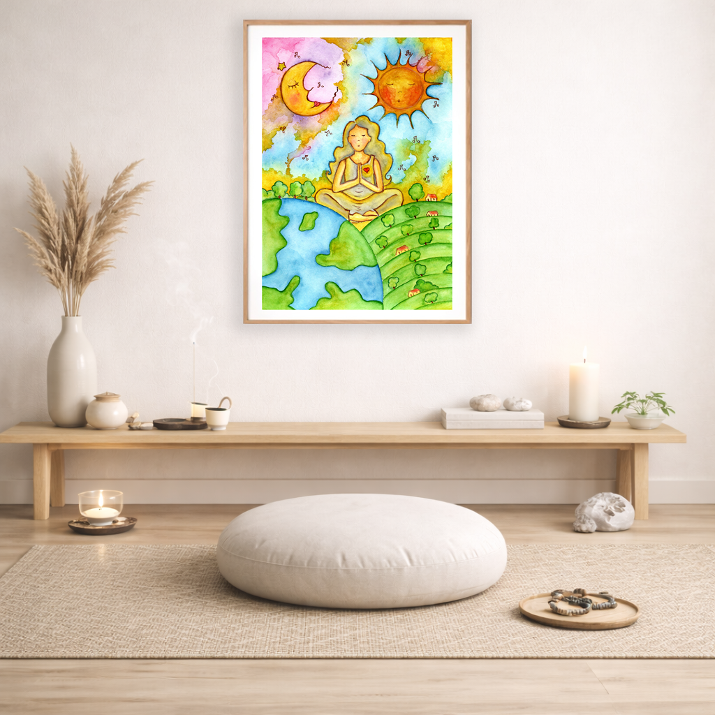 Poster of a woman meditating beneath the sun and moon cosmic design.  The poster is framed and is in the center of the living room wall. Below the poster is a bench with incense, candles and meditation stones on it. There is also a small green potted plant and a vase with dry flora in it. There is a mat on the floor with a pillow, candle and prayer beads on it.