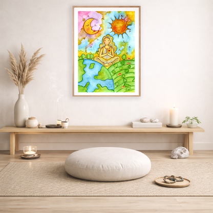 Poster of a woman meditating beneath the sun and moon cosmic design.  The poster is framed and is in the center of the living room wall. Below the poster is a bench with incense, candles and meditation stones on it. There is also a small green potted plant and a vase with dry flora in it. There is a mat on the floor with a pillow, candle and prayer beads on it.