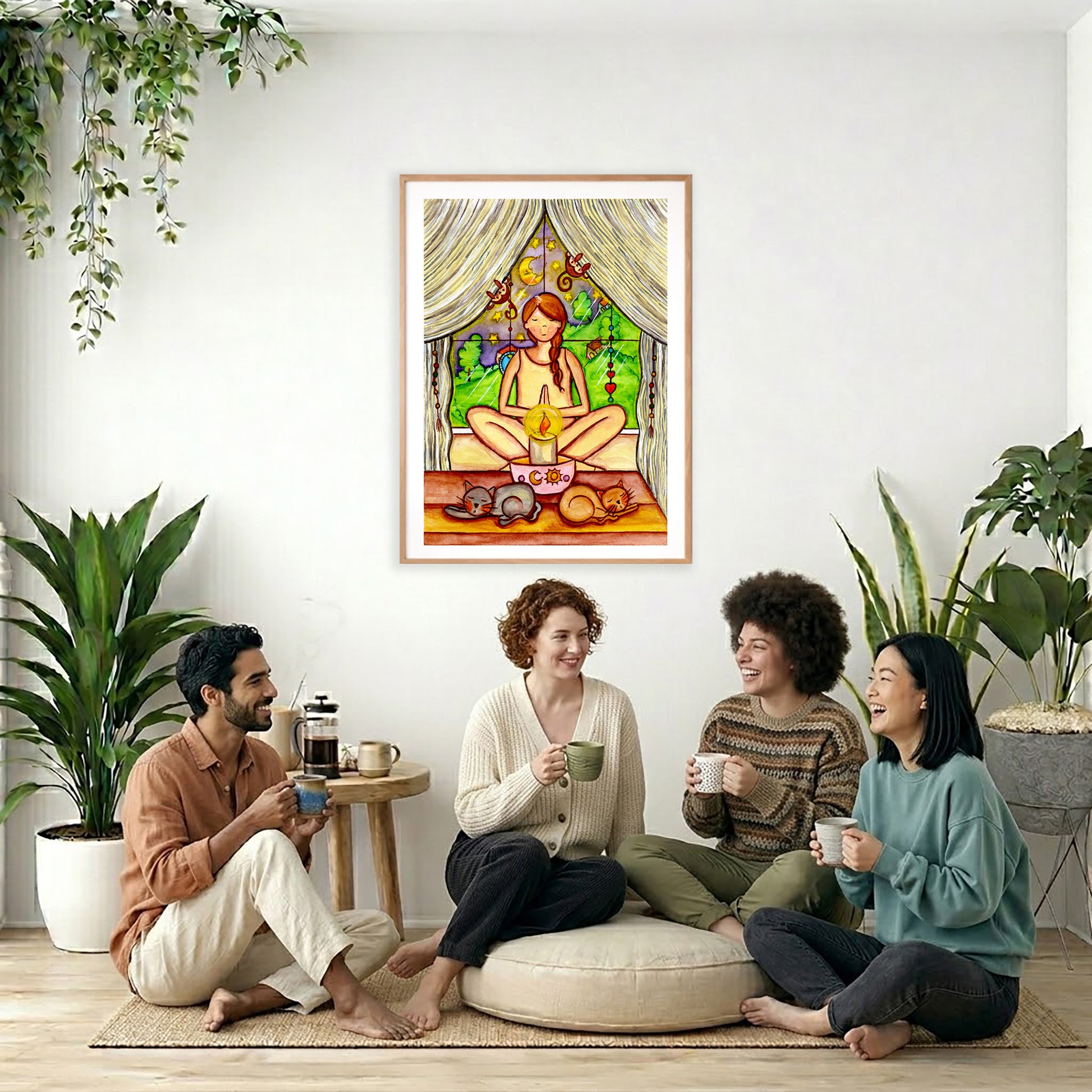 Candlelight trataka meditation design on mindfulness poster.  The poster is framed and is in the center of the living room wall. Four friends are sitting on the living room carpet below the poster. They are drinking coffee. To the left is a green floor plant and a hanging green plant. To the right of them is a green floor plant.
