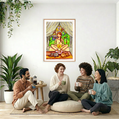 Candlelight trataka meditation design on mindfulness poster.  The poster is framed and is in the center of the living room wall. Four friends are sitting on the living room carpet below the poster. They are drinking coffee. To the left is a green floor plant and a hanging green plant. To the right of them is a green floor plant.
