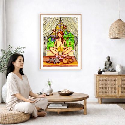 Candlelight trataka meditation design on mindfulness poster.  The poster is framed and is in the center of the living room wall. A woman is on a chair on the left side of his living room meditating. There is a green potted plant behind her. On the right side is a cabinet with a Buddha statue on it.
