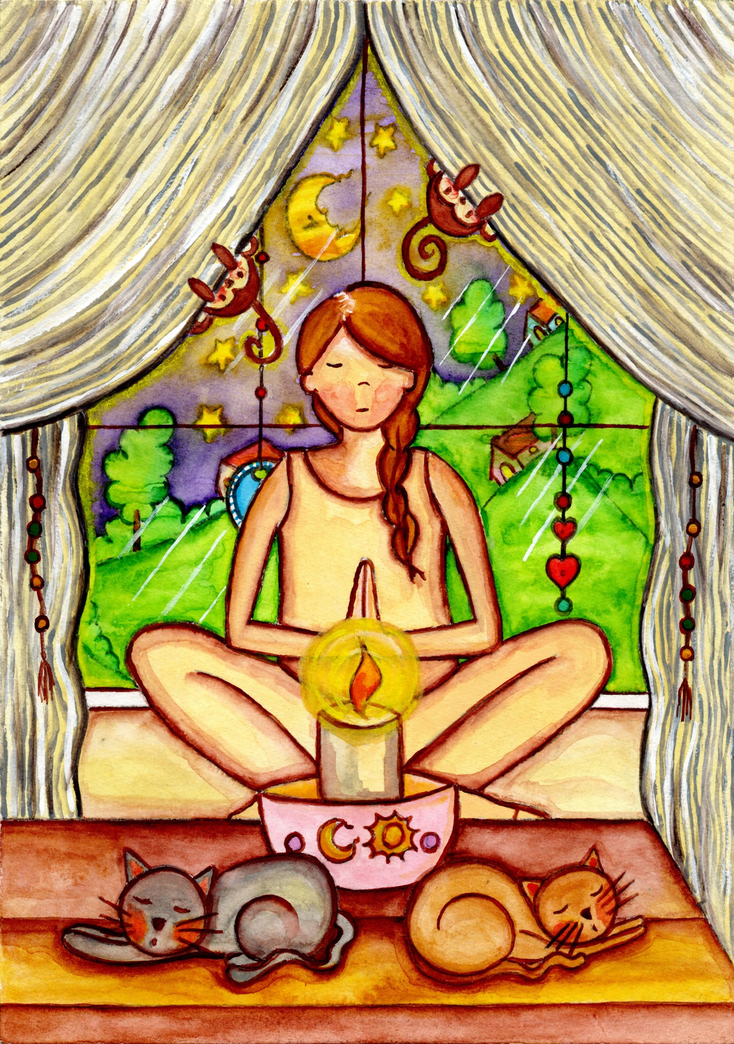 Candlelight trataka meditation design on mindfulness poster.  This is a print of the original hand-painted watercolor by Brazilian artist Thaís Suizo for the LET'S MEDITATE SERIES of mediation guides.
 