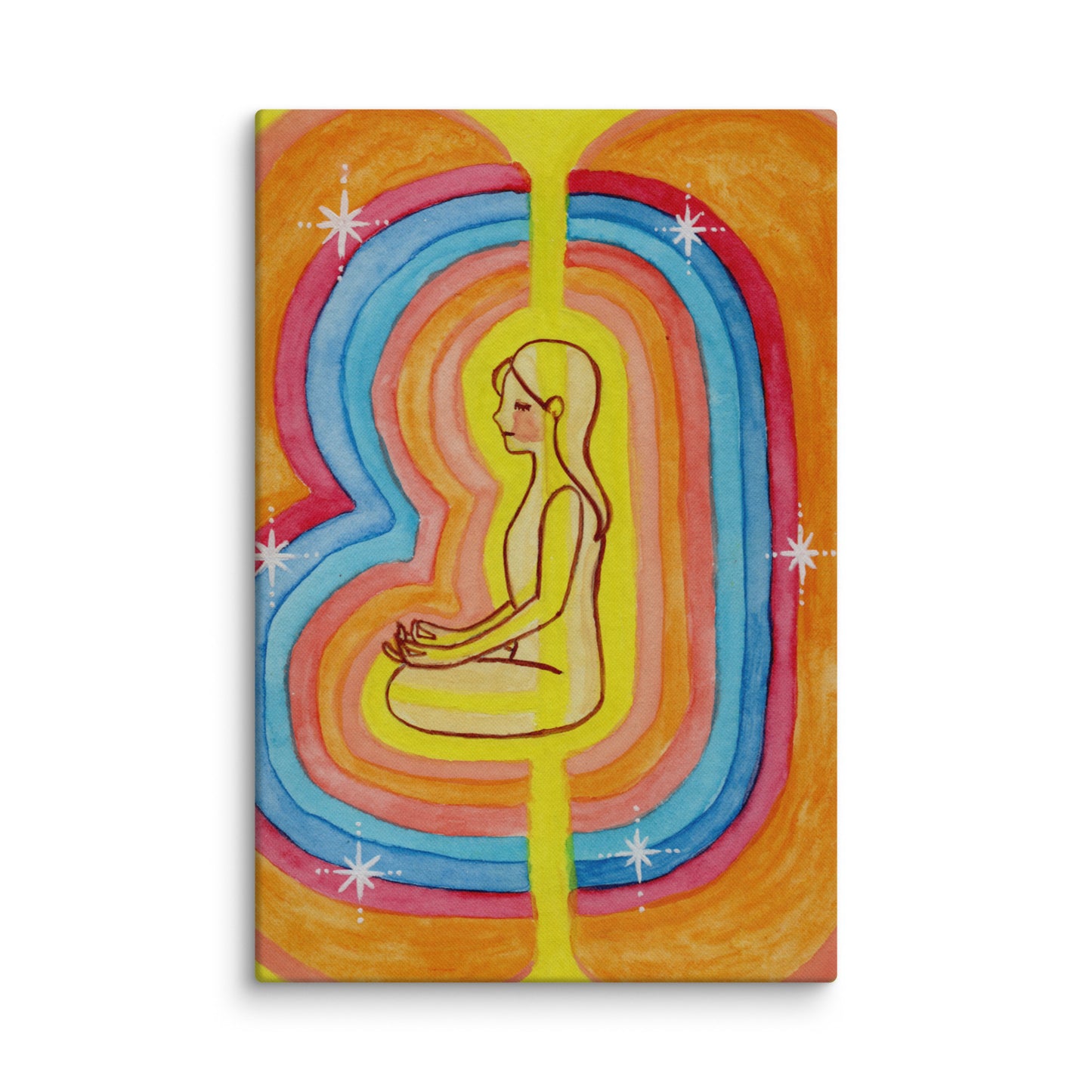 Rainbow aura energy field portrait on mindfulness canvas poster. This is a canvas print of the original hand-painted watercolor by Brazilian artist Thaís Suizo for the LET'S MEDITATE SERIES of mediation guides. 