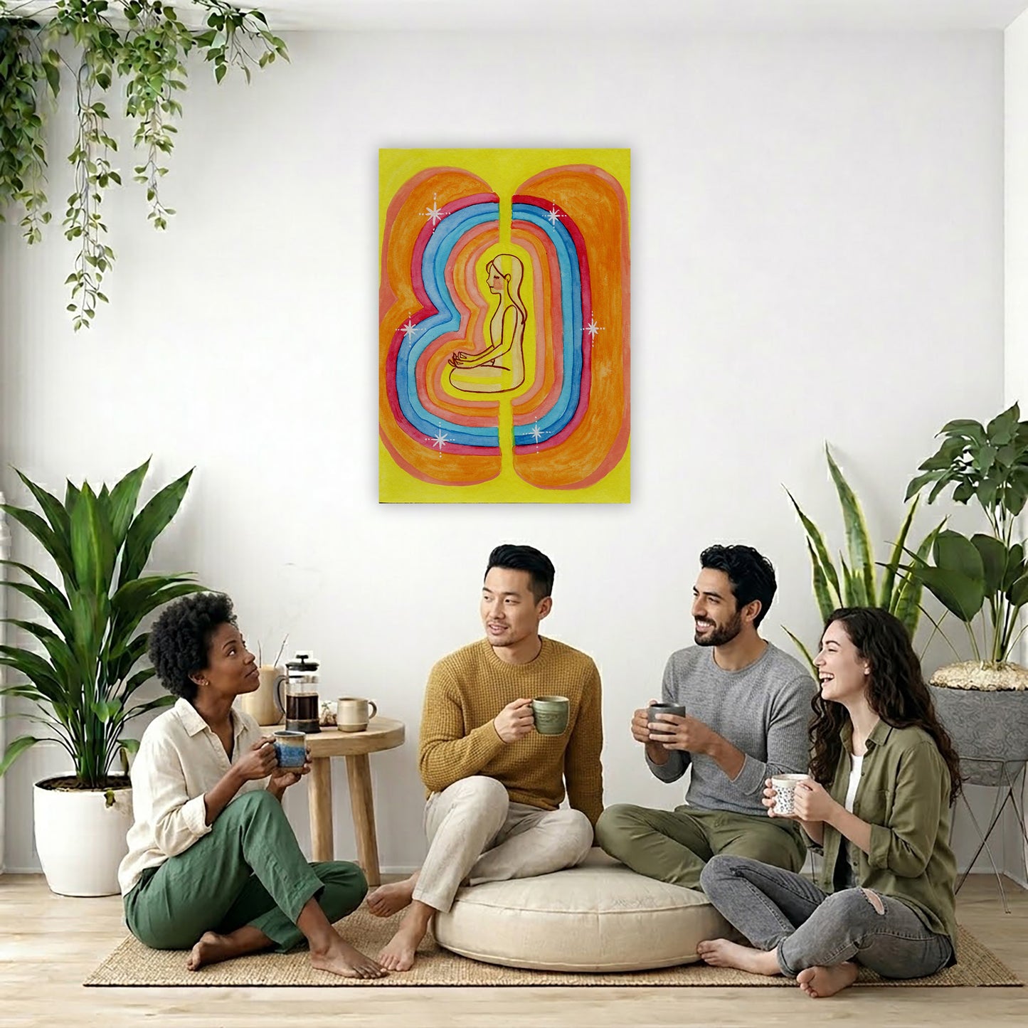 Rainbow aura energy field portrait on mindfulness canvas poster.  The poster is framed and is in the center of the living room wall. Four friends are sitting on the living room carpet below the poster. They are drinking coffee. To the left is a green floor plant and a hanging green plant. To the right of them is a green floor plant.

