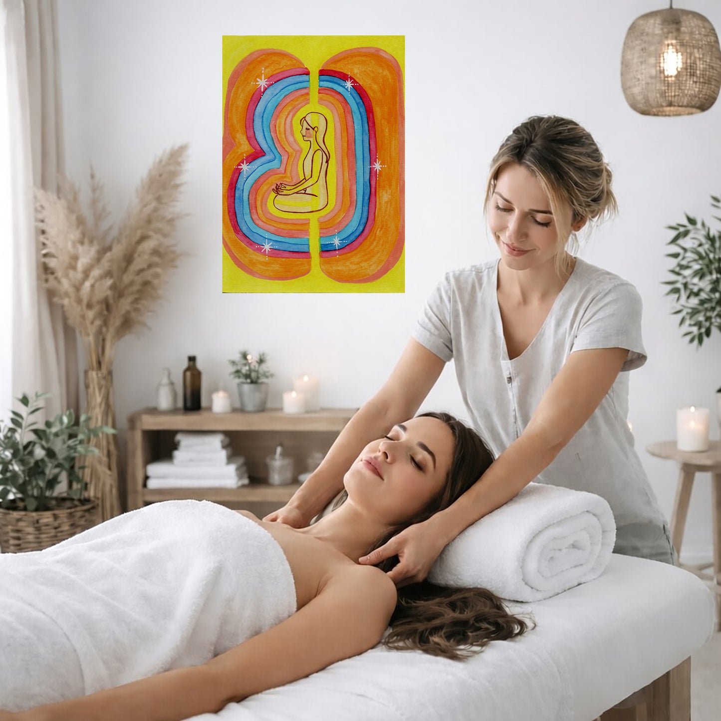 Rainbow aura energy field portrait on mindfulness canvas poster.  The poster is on the wall of the office of a massage therapist. The therapist is giving her female client a massage. The client is lying face up on a massage table. The client is wearing a white towel. To the left is a window, a floor plant and a large vase of dry flora. There is shelf underneath the poster with candles burning. There is also a candle burning on a small table on the right side. There is a lamp with a wicker shade hanging from
