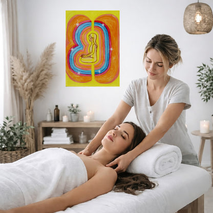 Rainbow aura energy field portrait on mindfulness canvas poster.  The poster is on the wall of the office of a massage therapist. The therapist is giving her female client a massage. The client is lying face up on a massage table. The client is wearing a white towel. To the left is a window, a floor plant and a large vase of dry flora. There is shelf underneath the poster with candles burning. There is also a candle burning on a small table on the right side. There is a lamp with a wicker shade hanging from