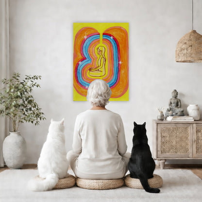Rainbow aura energy field portrait on mindfulness canvas poster.  The poster is framed and is in the center of the living room wall. A woman is meditating facing the poster with a white cat on her left side and a black cat on her right side. There is a potted plant on the left side and a cabinet with a Buddha statue on it on the right side. 