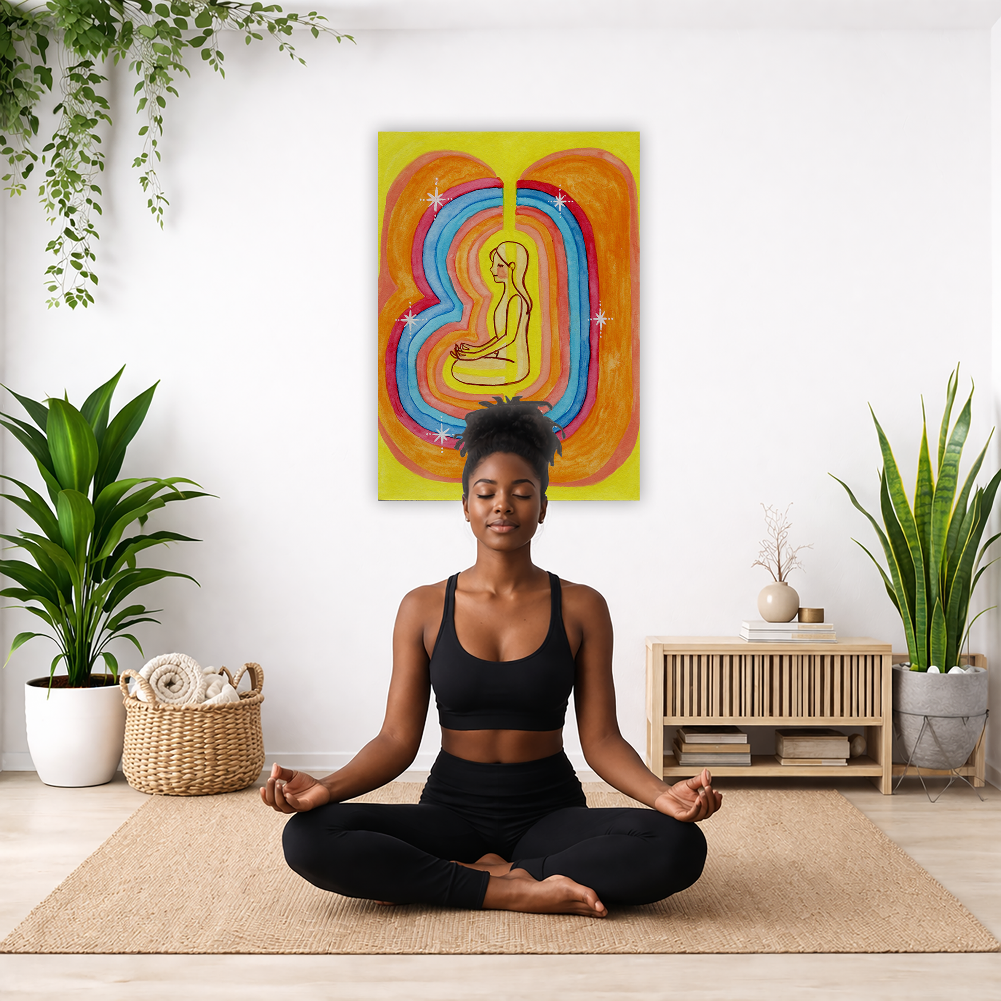 Rainbow aura energy field portrait on mindfulness canvas poster.  The poster is framed and is in the center of the living room wall. There is a woman meditating facing away from the wall. Behind her is a coffee table with incense and a Buddha statue. There are potted plants on the right and left side of the background.
