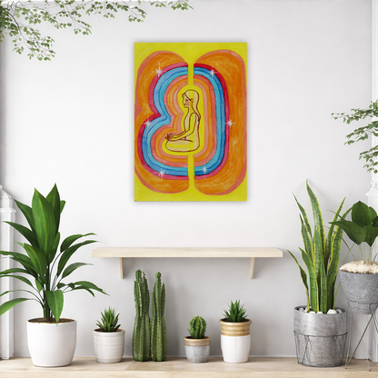 Rainbow aura energy field portrait on mindfulness canvas poster. The poster is framed and is in the center of the living room wall. Below the poster is an empty bench. Below the bench is a variety of green potted plants including a few cactus.
