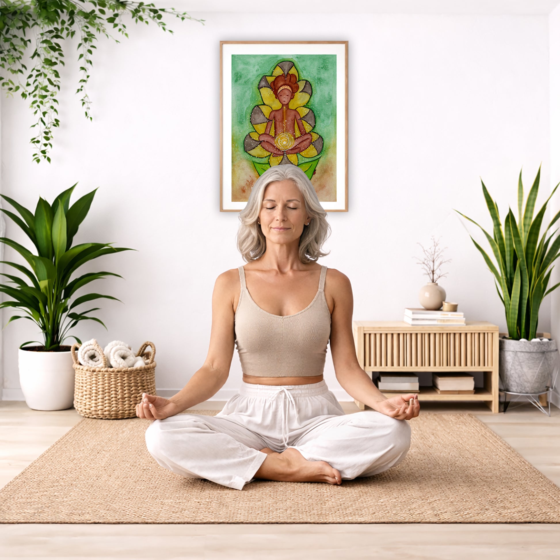 Poster of a woman's sacral chakra glowing and the energy around her.  The poster is in the center of the living room wall. There is a woman meditating facing away from the wall. Behind her is a coffee table with incense and a Buddha statue. There are potted plants on the right and left side of the background.
