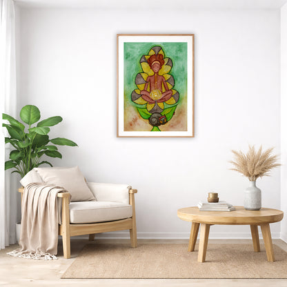 Poster of a woman's sacral chakra glowing and the energy around her.  The poster is in the center of the living room wall. Below the poster to the left is a living room chair, a floor plant and white curtains. To the right is a small table with books, a candle and a vase with dry flora.
