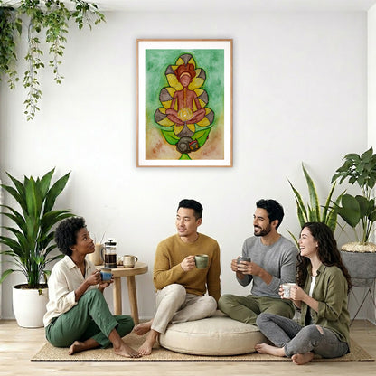 Poster of a woman's sacral chakra glowing and the energy around her.  The poster is in the center of the living room wall. Four friends are sitting on the living room carpet below the poster. They are drinking coffee. To the left is a green floor plant and a hanging green plant. To the right of them is a green floor plant.
