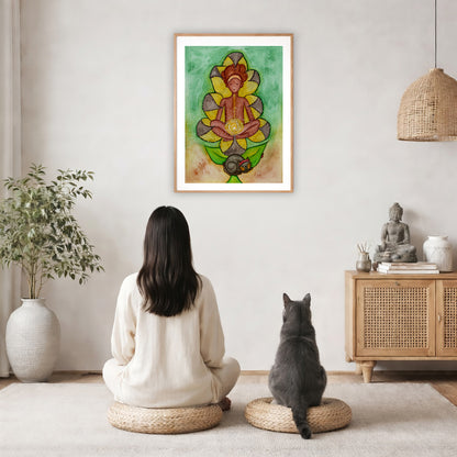 Poster of a woman's sacral chakra glowing and the energy around her.   The poster is in the center of the living room wall. A woman and a cat are staring up at the poster. There is a potted plant on the left side and a cabinet with a Buddha statue, books and incense on the right side.
 
