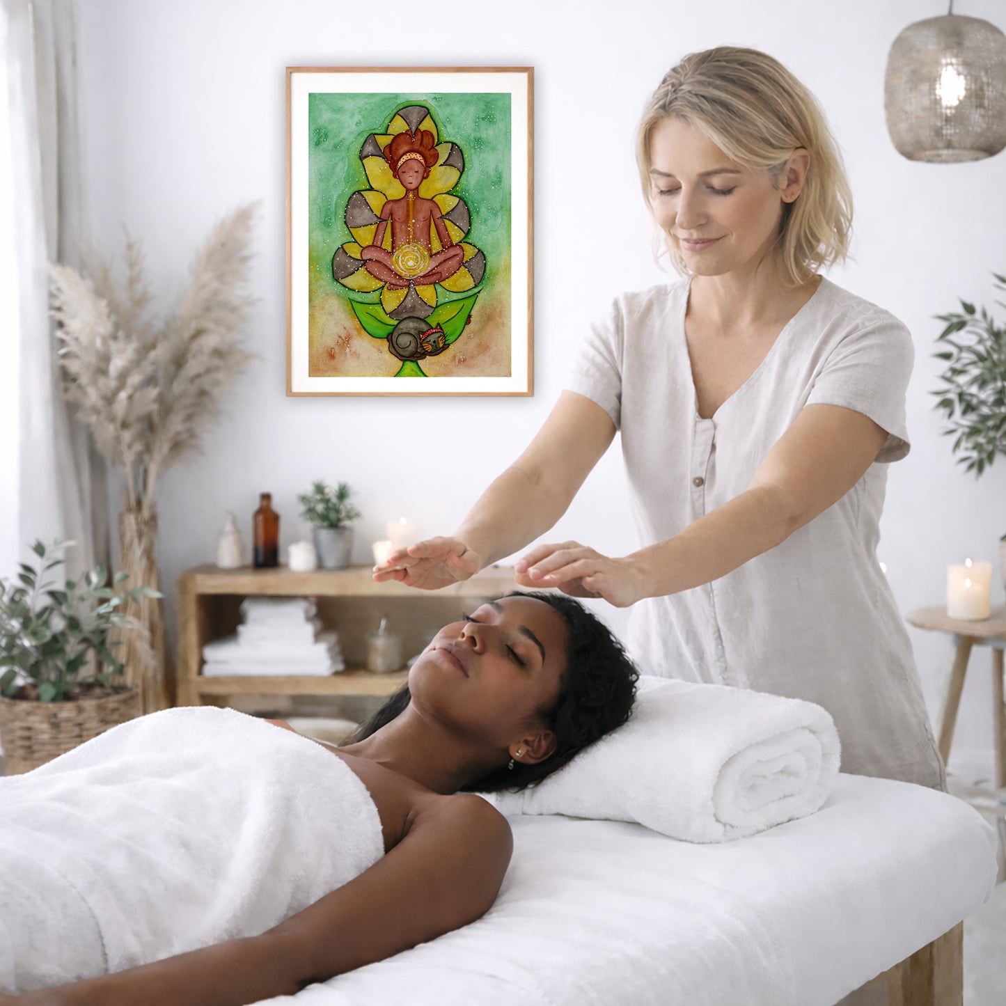 Poster of a woman's sacral chakra glowing and the energy around her.  The poster is on the wall of the office of a reiki master. The master is giving her client a massage. The client is lying face up on a massage table wearing a white towel. To the left is a window, floor plant and vase of dry flora. There is a shelf underneath the poster with candles burning. On the right side there is a candle burning and a lamp hanging from the ceiling.