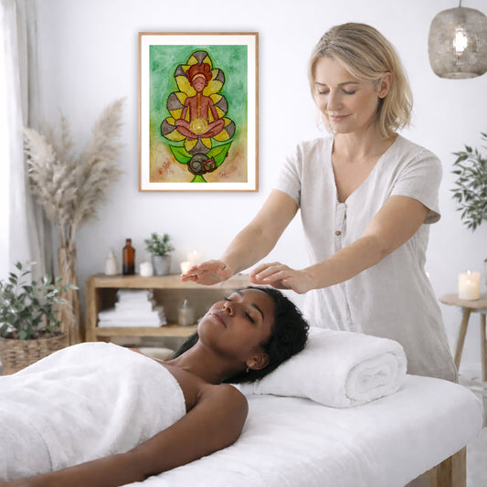 Poster of a woman's sacral chakra glowing and the energy around her.  The poster is on the wall of the office of a reiki master. The master is giving her client a massage. The client is lying face up on a massage table wearing a white towel. To the left is a window, floor plant and vase of dry flora. There is a shelf underneath the poster with candles burning. On the right side there is a candle burning and a lamp hanging from the ceiling.