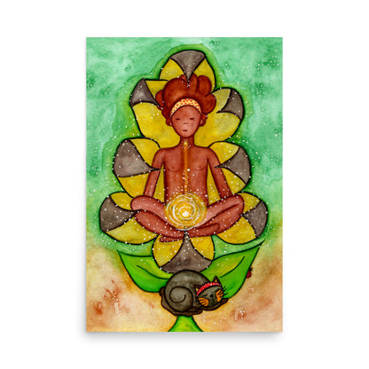 Poster of a woman's sacral chakra glowing and the energy around her.  This is a poster of the original hand-painted watercolor by Brazilian artist Thaís Suizo for the LET'S MEDITATE SERIES of mediation guides.