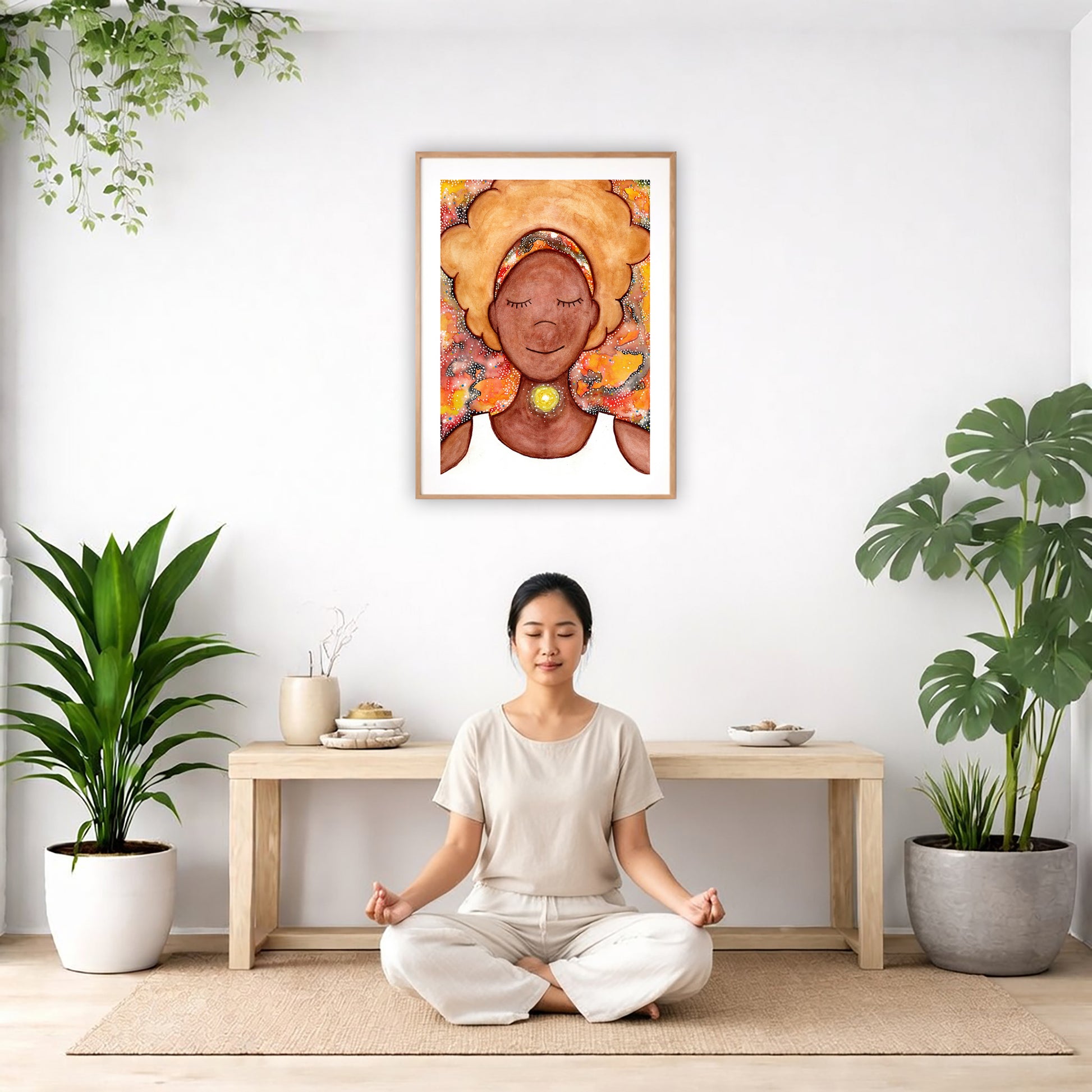 Poster of a woman's throat chakra energy glowing.  The poster is in the center of the living room wall. There is a woman meditating facing away from the wall. Behind her is a coffee table with incense and a Buddha statue. There are potted plants on the right and left side of the background.
