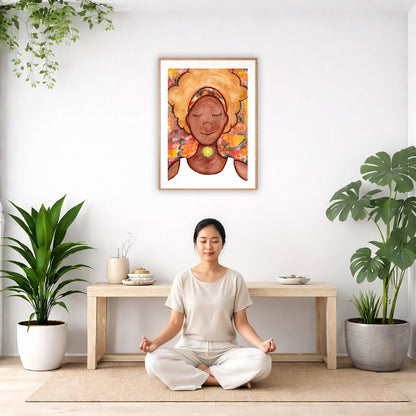 Poster of a woman's throat chakra energy glowing.  The poster is in the center of the living room wall. There is a woman meditating facing away from the wall. Behind her is a coffee table with incense and a Buddha statue. There are potted plants on the right and left side of the background.
