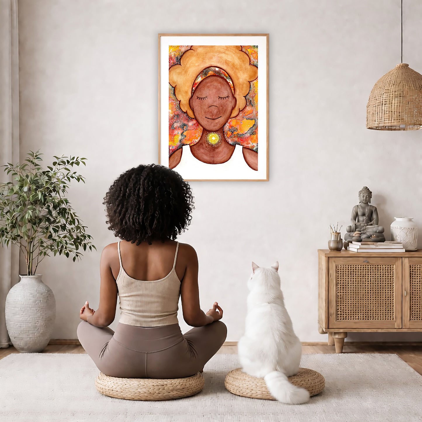 Poster of a woman's throat chakra energy glowing.  The poster is in the center of the living room wall. A woman and a cat are staring up at the poster. There is a potted plant on the left side and a cabinet with a Buddha statue, books and incense on the right side.
