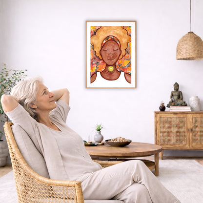 Poster of a woman's throat chakra energy glowing.  The poster is in the center of the living room wall. To the left a woman is relaxing in her chair with her hands behind her head. There is a small coffee table beside her with a bowl of walnuts, incense and a small green plant. On the right side of the room is a cabinet with a Buddha statue, books and an urn on it. To the left is a green floor plant.
