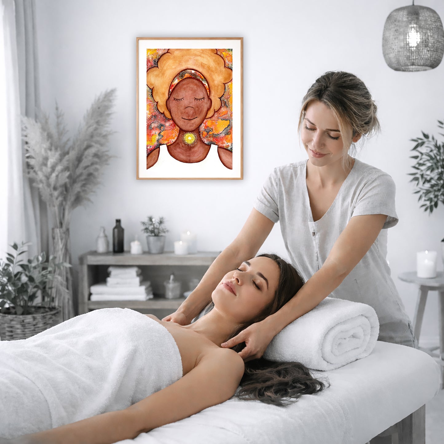 Poster of a woman's throat chakra energy glowing.  The poster is on the wall of the office of a massage therapist. The therapist is giving her female client a massage. The client is lying face up on a massage table wearing a white towel. To the left is a window, floor plant and large vase of dry flora. A shelf is underneath the poster with candles burning. There is a candle burning on a small table and a hanging lamp with a wicker shade on the right side.
