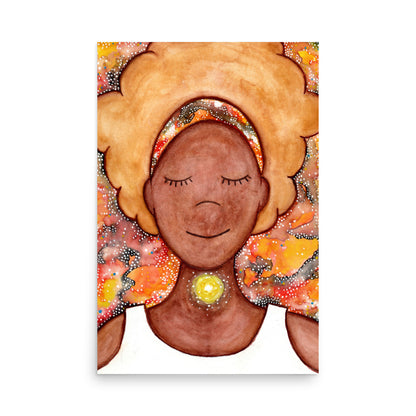 Poster of a woman's throat chakra energy glowing.  This is a poster of the original hand-painted watercolor by Brazilian artist Thaís Suizo for the LET'S MEDITATE SERIES of mediation guides.
 