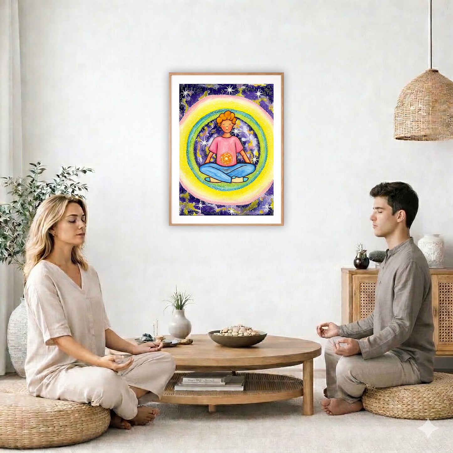 Poster of a young man meditating with his solar plexus glowing. Surrounding him is his colorful aura.  The poster is in the center of the living room wall. Two friends are sitting on wicker pillows meditating. Between them is a small round coffee table with incense, a green potted plant and a bowl of shells. There is a potted plant to the left and a Buddha statue and a vase to the right. 