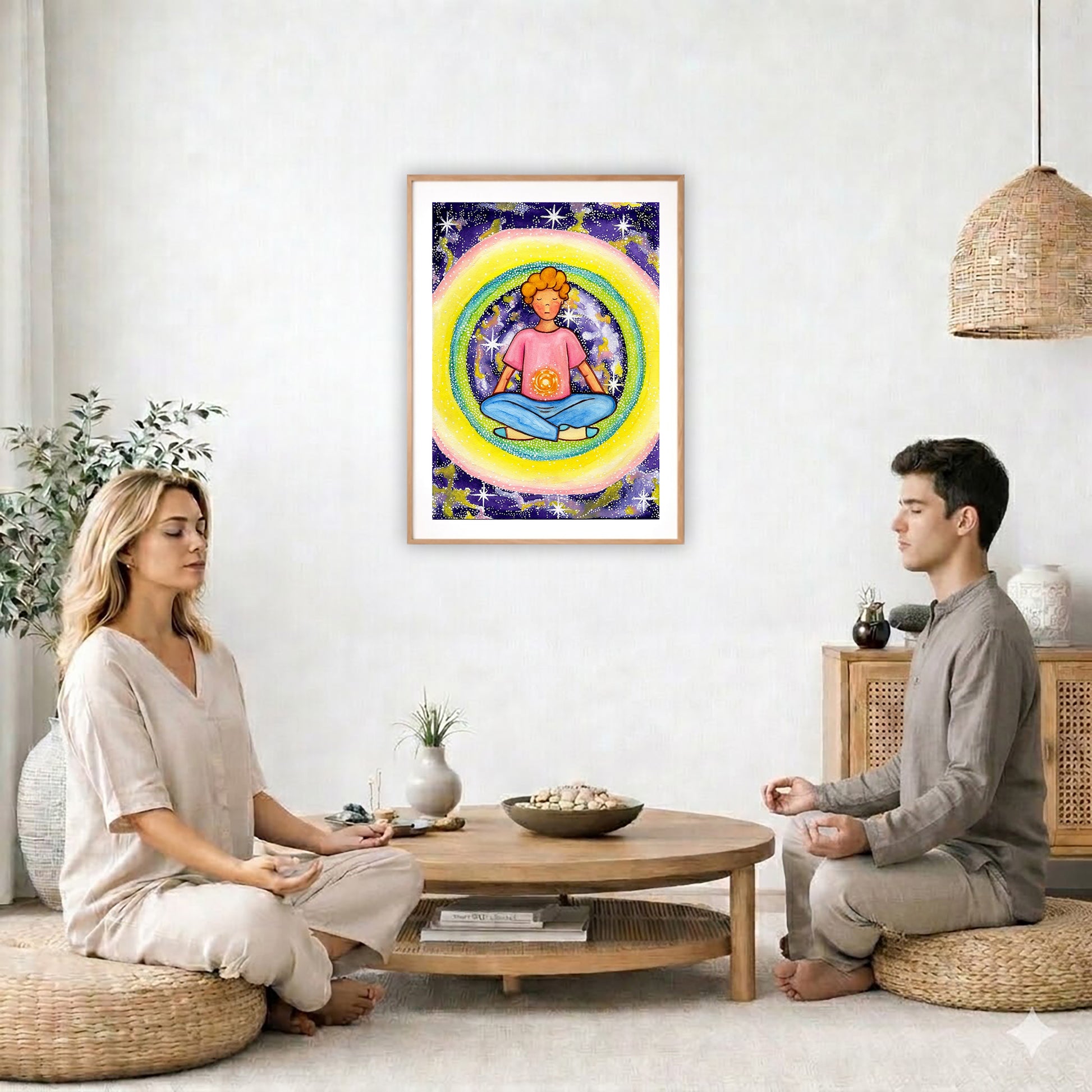 Poster of a young man meditating with his solar plexus glowing. Surrounding him is his colorful aura.  The poster is in the center of the living room wall. Two friends are sitting on wicker pillows meditating. Between them is a small round coffee table with incense, a green potted plant and a bowl of shells. There is a potted plant to the left and a Buddha statue and a vase to the right. 