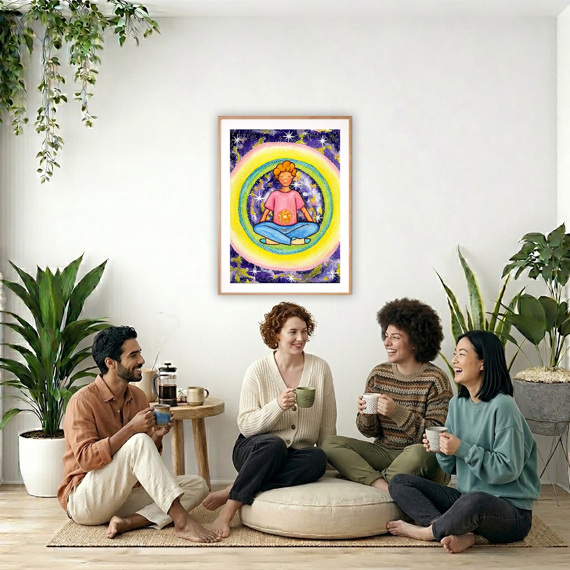 Poster of a young man meditating with his solar plexus glowing. Surrounding him is his colorful aura.  The poster is in the center of the living room wall. Four friends are sitting on the living room carpet below the poster. They are drinking coffee. To the left is a green floor plant and a hanging green plant. To the right of them is a green floor plant.
