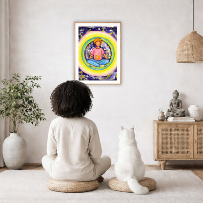 Poster of a young man meditating with his solar plexus glowing. Surrounding him is his colorful aura. The poster is in the center of the living room wall. A woman and a cat are staring up at the poster. There is a potted plant on the left side and a cabinet with a Buddha statue, books and incense on the right side.
 