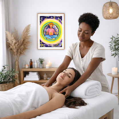 Poster of a young man meditating with his solar plexus glowing. Surrounding him is his colorful aura.  The poster is on the wall of the office of a massage therapist. The therapist is giving her female client a massage. The client is lying face up on a massage table wearing a white towel. To the left is a window, floor plant and large vase of dry flora. A shelf is underneath the poster with candles burning. There is a candle burning on a small table and a hanging lamp with a wicker shade on the right side.