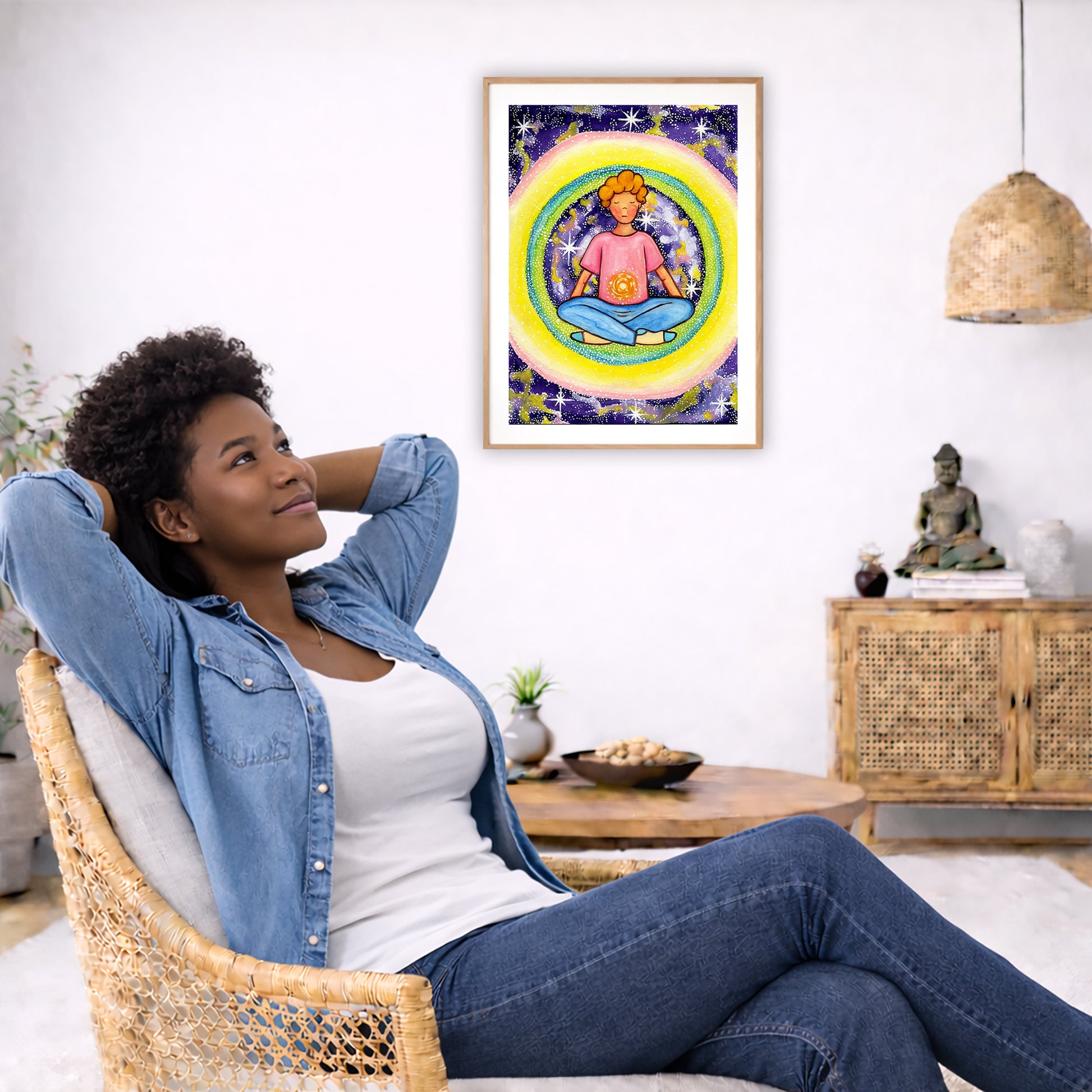 Poster of a young man meditating with his solar plexus glowing. Surrounding him is his colorful aura.  The poster is in the center of the living room wall. To the left a woman is relaxing in her chair with her hands behind her head. There is a small coffee table beside her with a bowl of walnuts, incense and a small green plant. On the right side of the room is a cabinet with a Buddha statue, books and an urn on it. To the left is a green floor plant.
