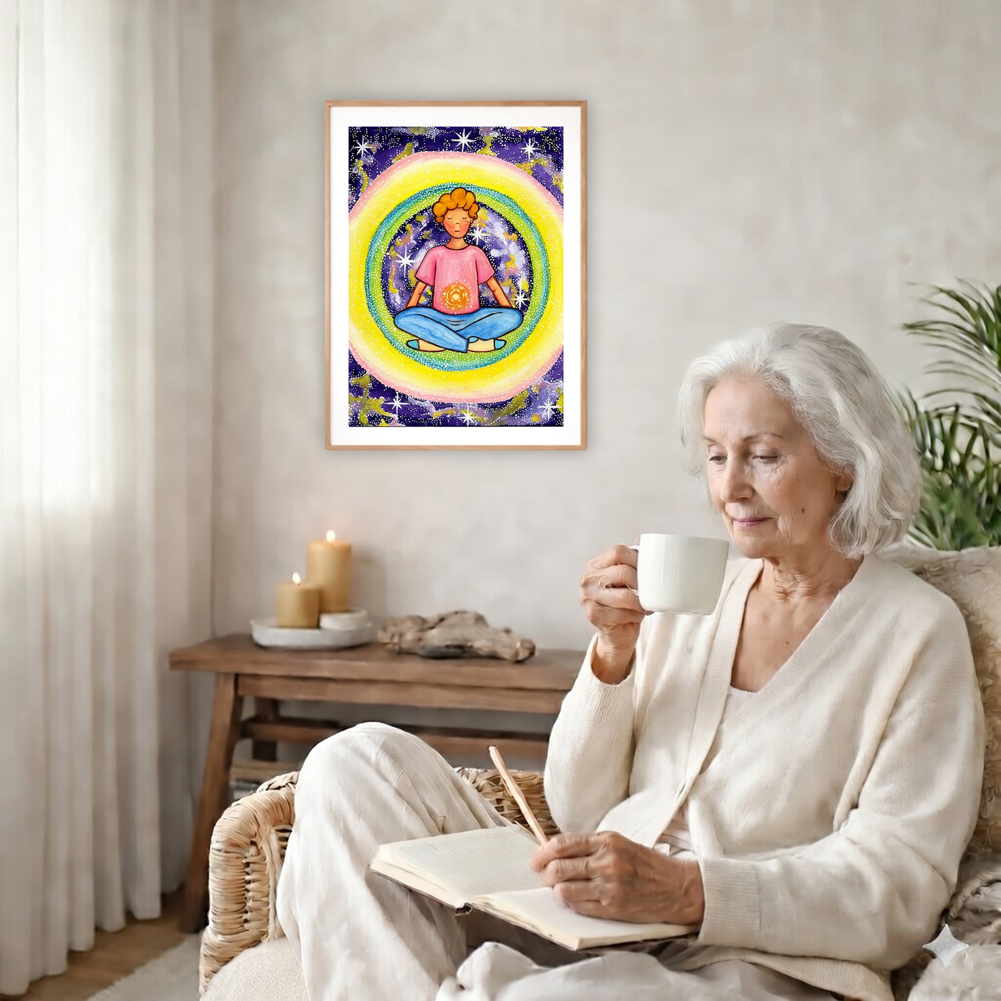 Poster of a young man meditating with his solar plexus glowing. Surrounding him is his colorful aura.  The poster is in the center of the living room wall. There is a coffee table below the poster with burning candles. A woman is sitting in a wicker chair on the right side of the poster with a cup of tea writing in her journal.
