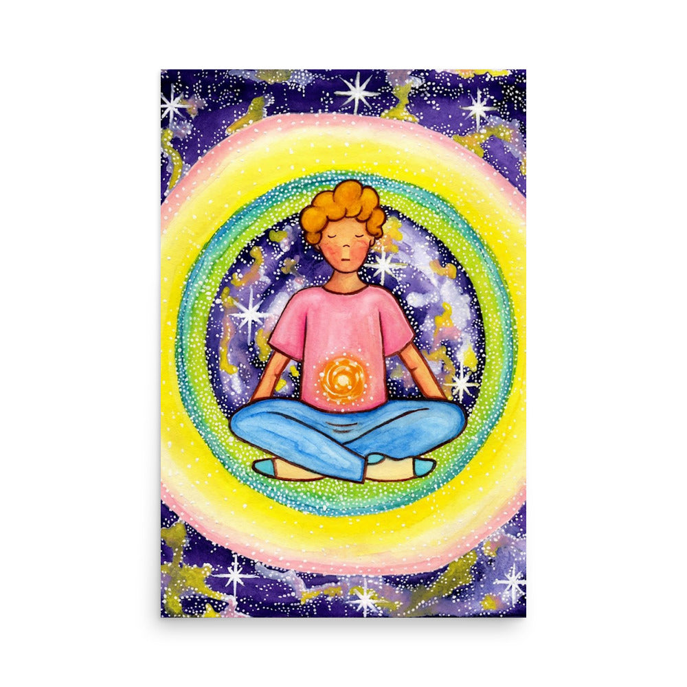 Poster of a young man meditating with his solar plexus glowing. Surrounding him is his colorful aura.  This is a print of the original hand-painted watercolor by Brazilian artist Thaís Suizo for the LET'S MEDITATE SERIES of mediation guides.
