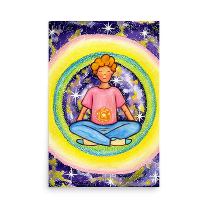 Poster of a young man meditating with his solar plexus glowing. Surrounding him is his colorful aura.  This is a print of the original hand-painted watercolor by Brazilian artist Thaís Suizo for the LET'S MEDITATE SERIES of mediation guides.