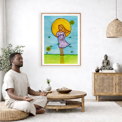 Woman standing in meditation under a glowing sun with blue sky background, calming watercolor spiritual illustration.  The poster is in the center of the living room wall. A man is on a chair on the left side of his living room meditating. On the right side is a cabinet with a Buddha statue , incense, a few books and an urn on it