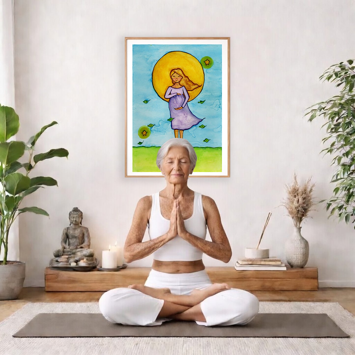 Woman standing in meditation under a glowing sun with blue sky background, calming watercolor spiritual illustration.  The poster is framed and is in the center of the living room wall. There is a woman meditating facing away from the wall. Behind her is a coffee table with incense and a Buddha statue. There are potted plants on the right and left side of the background.
