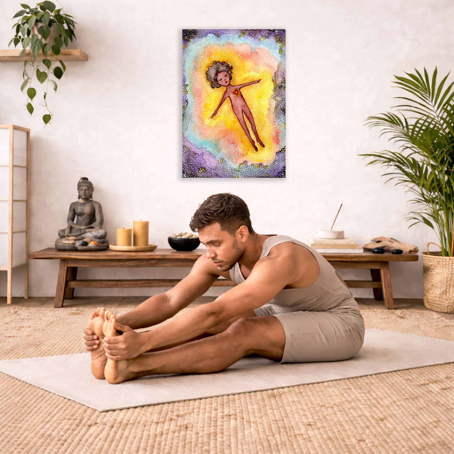 Full sized poster of an astral body relaxing in the space of another dimension. The poster is hanging on the wall. A man on his yoga mat is doing the cobra pose in front of the poster. There is a potted plant on the left side and a cabinet with a Buddha statue on it on the right side.
