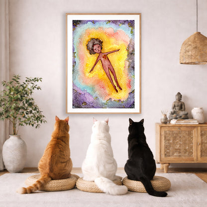 Full sized poster of an astral body relaxing in the space of another dimension. The poster framed is hanging on the wall. Three cats are staring up at the poster, orange, white and black. There is a potted plant on the left side and a cabinet with a Buddha statue, books and incense on the right side.