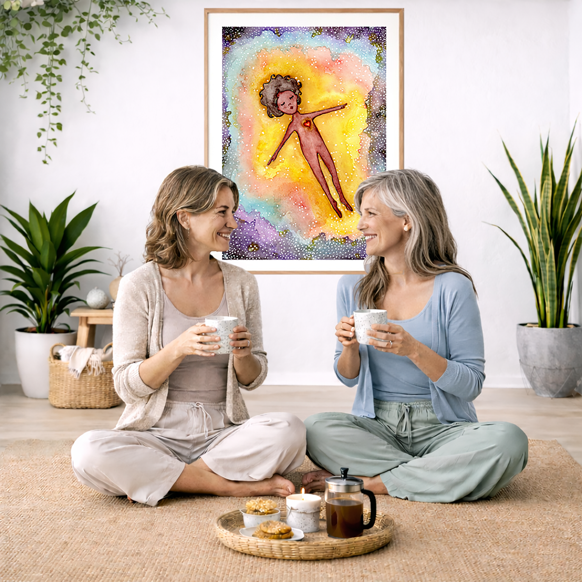 Full sized poster of an astral body relaxing in the space of another dimension.  The poster is framed and is in the center of the living room wall. Two friends are sitting on the living room carpet having a coffee. Beside them is a small tray with a pot of coffee, cookies and a candle burning. To the left is a green floor plant and a hanging green plant. To the right of them is a green floor plant.