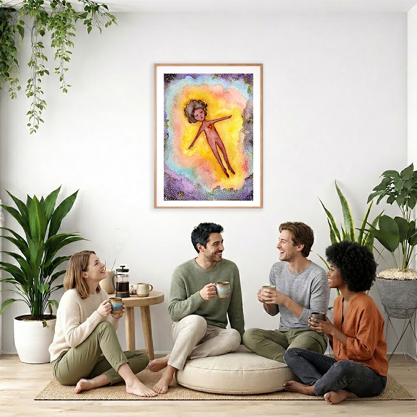 Full sized poster of an astral body relaxing in the space of another dimension. The poster is framed and is in the center of the living room wall. Four friends are sitting on the living room carpet below the poster. They are drinking coffee. To the left is a green floor plant and a hanging green plant. To the right of them is a green floor plant.