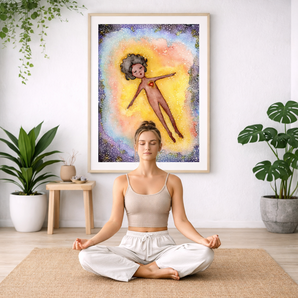 Full sized poster of an astral body relaxing in the space of another dimension. The poster is framed and is in the center of the living room wall. There is a woman meditating facing away from the wall.   There are potted plants on the right and left side of the background.
