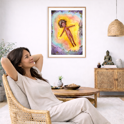 Full sized poster of an astral body relaxing in the space of another dimension. The poster is framed and is in the center of the living room wall. To the left a woman is relaxing in her chair with her hands behind her head. There is a small coffee table beside her with a bowl of walnuts, incense and a small green plant. On the right side of the room is a cabinet with a Buddha statue, books and an urn on it. To the left is a green floor plant.