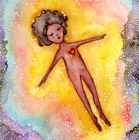 Poster of an astral body relaxing in the space of another dimension.  This is a print of the original hand-painted watercolor by Brazilian artist Thaís Suizo for the LET'S MEDITATE SERIES of mediation guides.