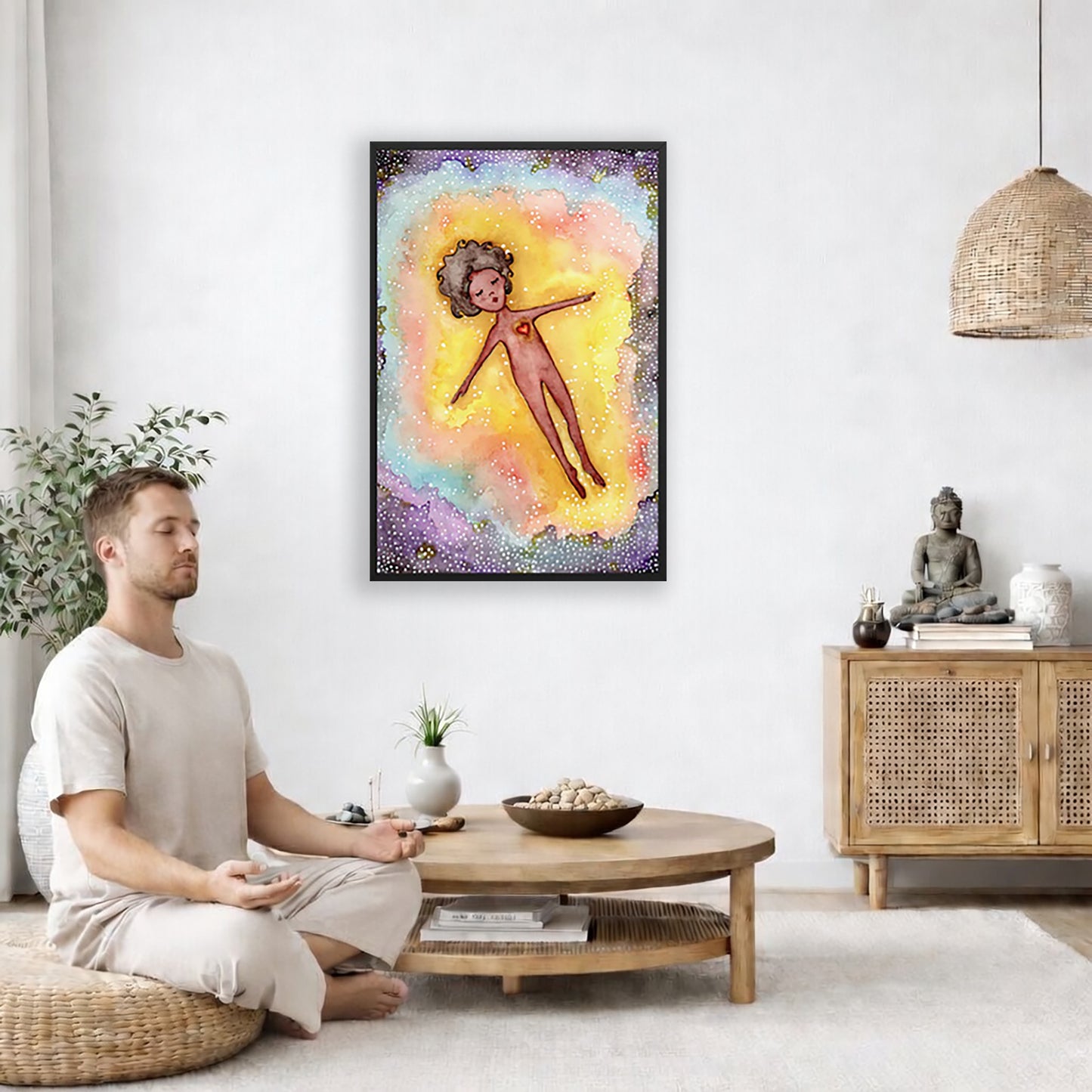 Astral body travelling in another dimension poster.  The poster is framed and is in the center of the living room wall. A man is on a chair on the left side of his living room meditating. On the right side is a cabinet with a Buddha statue on it.
