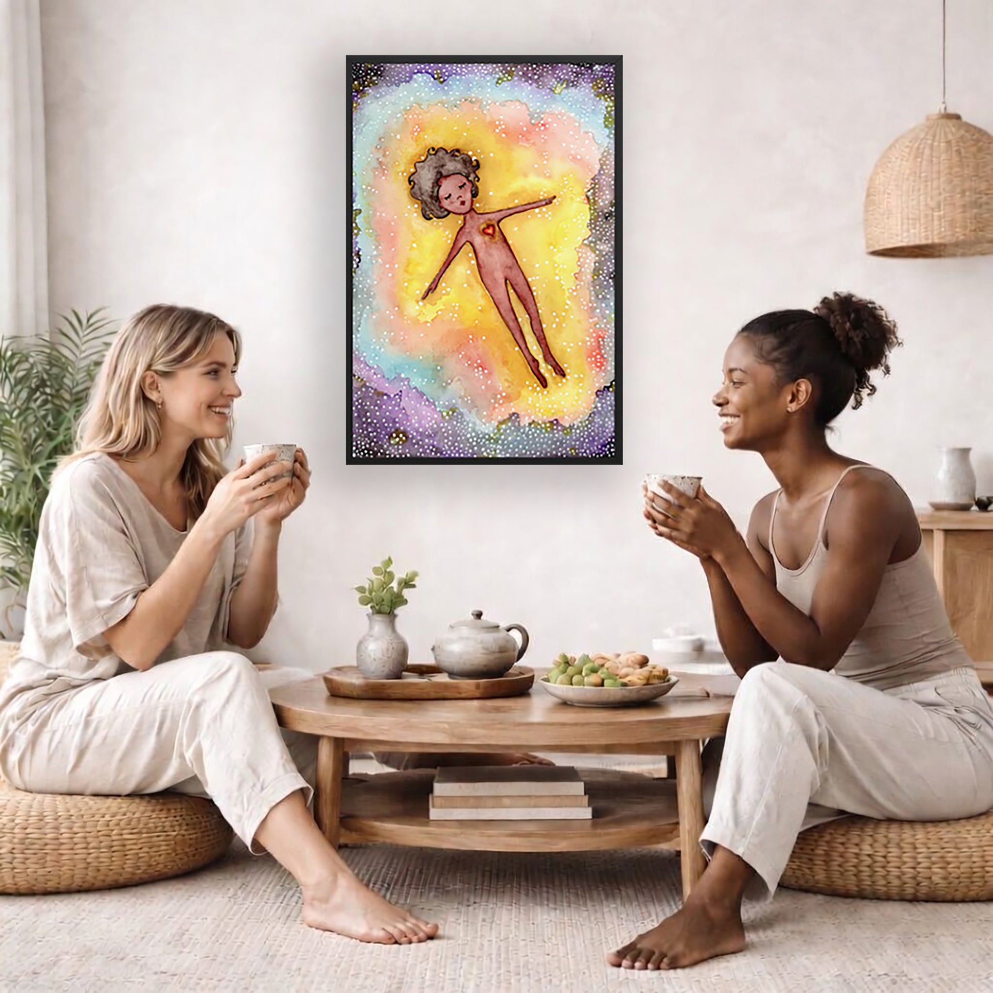 Astral body travelling in another dimension poster.  The poster is framed and is in the center of the living room wall. Two female friends are having tea, grapes and cookies on a coffee table in front of the poster. On the left there is a green potted plant and to the right there is a hanging lamp.
